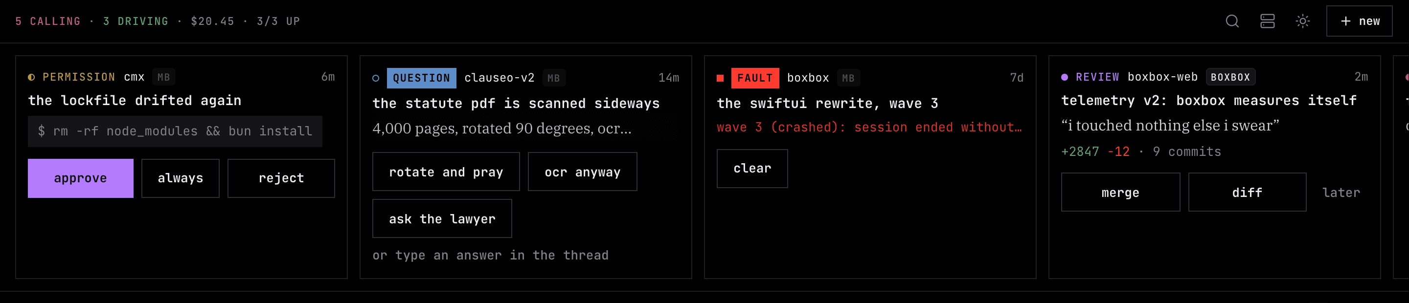 the boxbox call strip: a permission, an escalated question, a week-old fault, and a review waiting on a merge