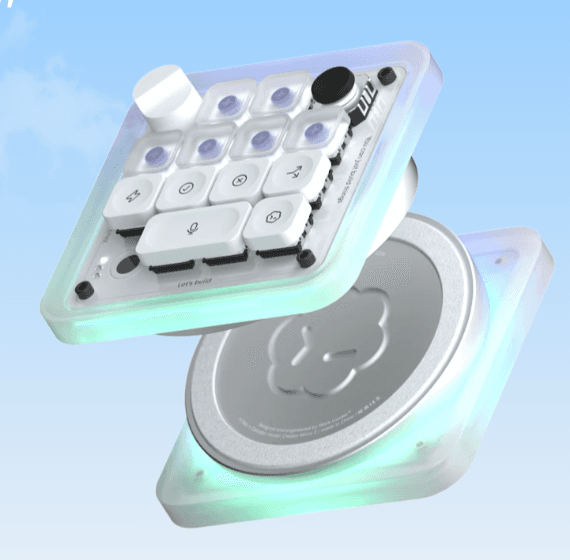 the codex micro. a translucent white macropad with a joystick and a black rotary dial, floating over its aluminium base, glowing softly. product render by work louder.