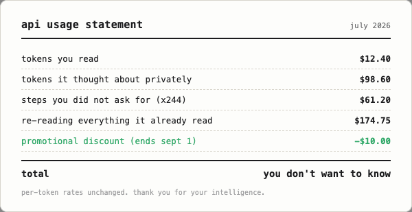 fake api usage statement: tokens you read $12.40, tokens it thought about privately $98.60, steps you did not ask for $61.20, re-reading everything it already read $174.75, total: you do not want to know