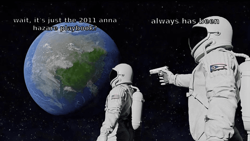 astronaut meme: wait, it's just the 2011 anna hazare playbook? always has been