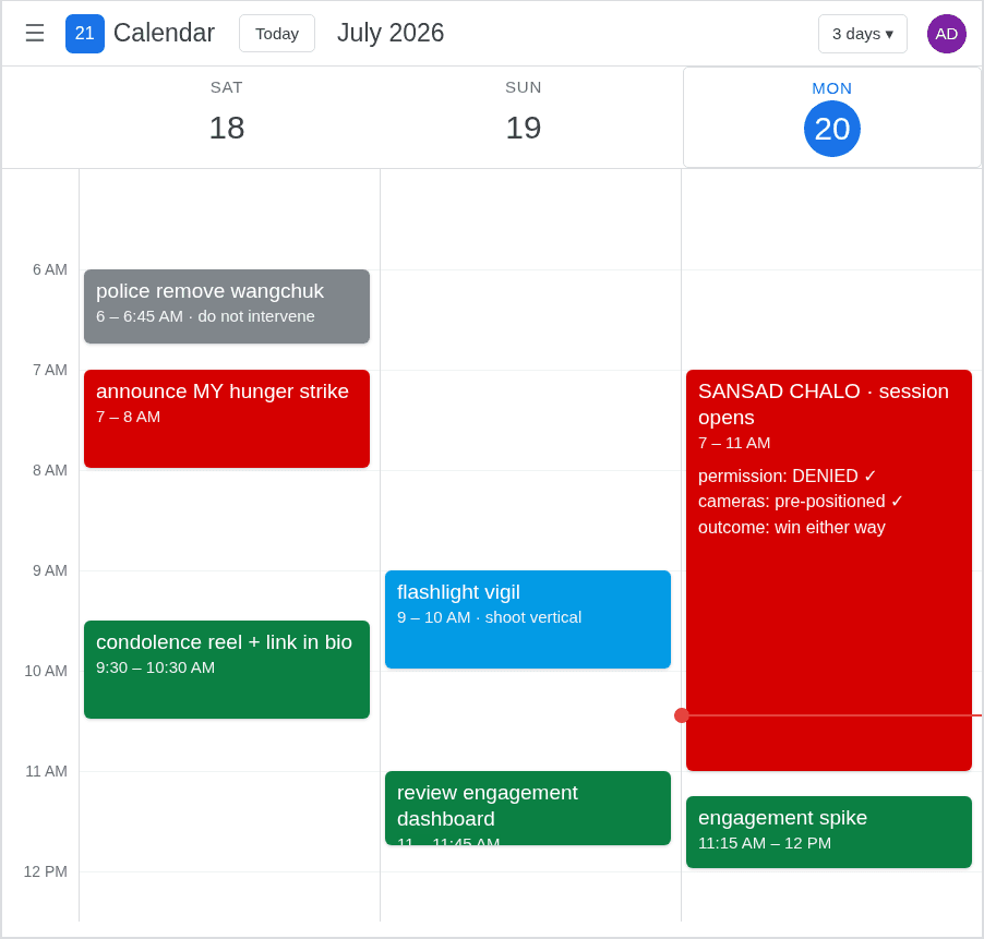 the operator's calendar: police remove wangchuk 6am, announce MY hunger strike 7am, sansad chalo with permission denied and cameras pre-positioned, review engagement dashboard
