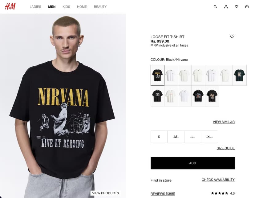 nirvana t-shirt on h&m, colour: black/nirvana, rs. 999