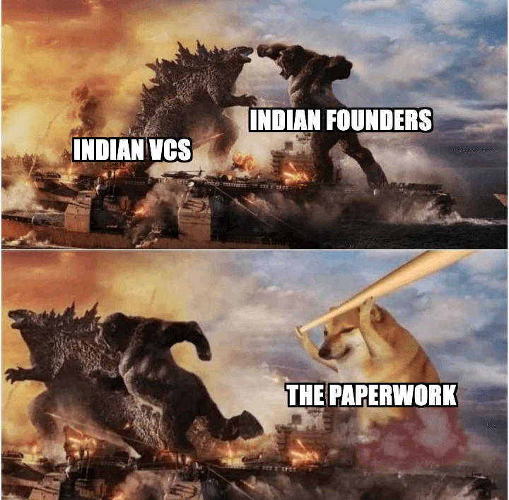 kong and godzilla fighting, labeled indian founders and indian vcs. both flee in the second panel from cheems swinging a baseball bat, labeled the paperwork