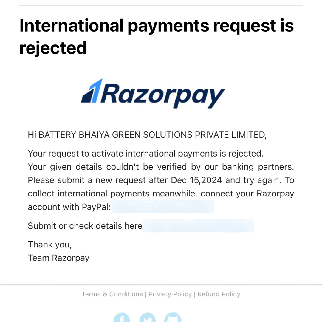 the actual razorpay email: international payments request is rejected. hi battery bhaiya green solutions private limited, your request to activate international payments is rejected. your given details couldn't be verified by our banking partners. please submit a new request after dec 15, 2024 and try again.