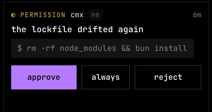 a permission card off boxbox: cmx wants to run rm -rf node_modules and bun install. approve, always, reject.
