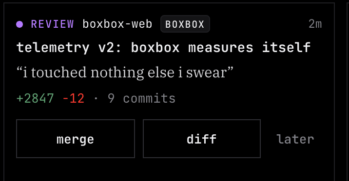 a review card off boxbox: telemetry v2, boxbox measures itself. plus 2847 minus 12, 9 commits. merge, diff, later.